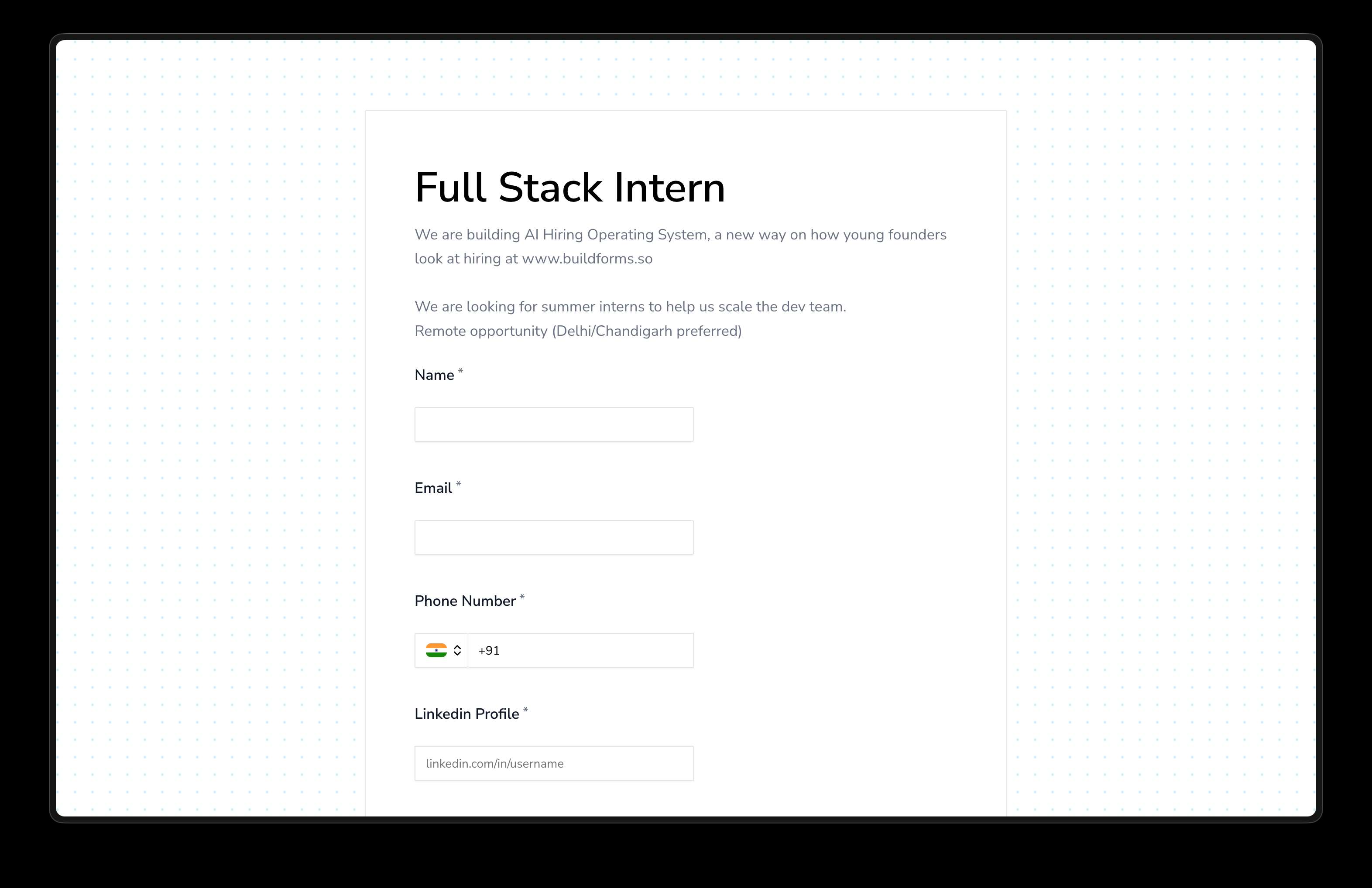BuildForms application form for collecting candidate details.